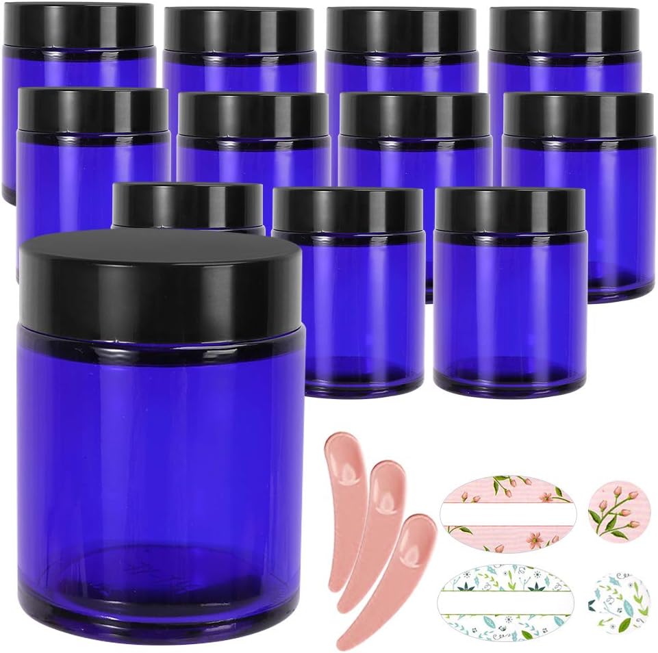 12 Pack 120 ml 4 oz Blue Glass Jars with Black Lids & Inner Liners