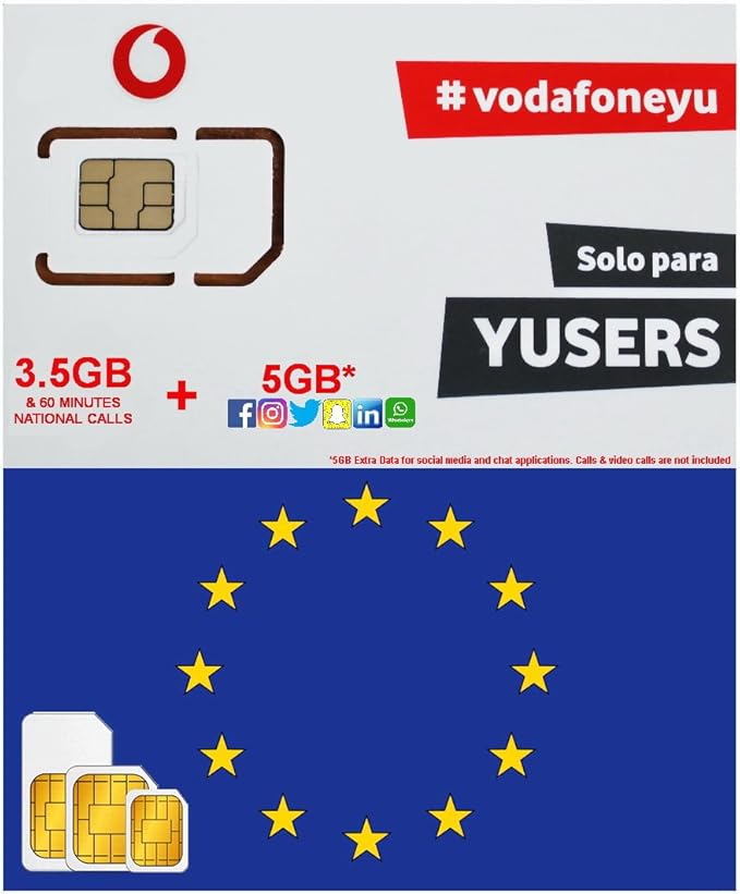 EUROPE SIM CARD by VODAFONE SPAIN 3.5GB + 5GB EXTRA DATA