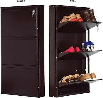 Wall Mounted Metal Shoe Rack 3 Doors 3 Shelves Brown Color With
