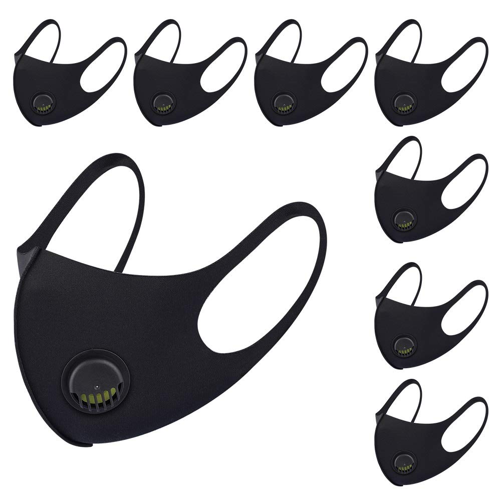 NUÜR 8pcs Fabric Resuable Face Mask with Air Valve and Ear Loops, Breathable, Soft, Washable, Durable for Everyday Public Use, Black