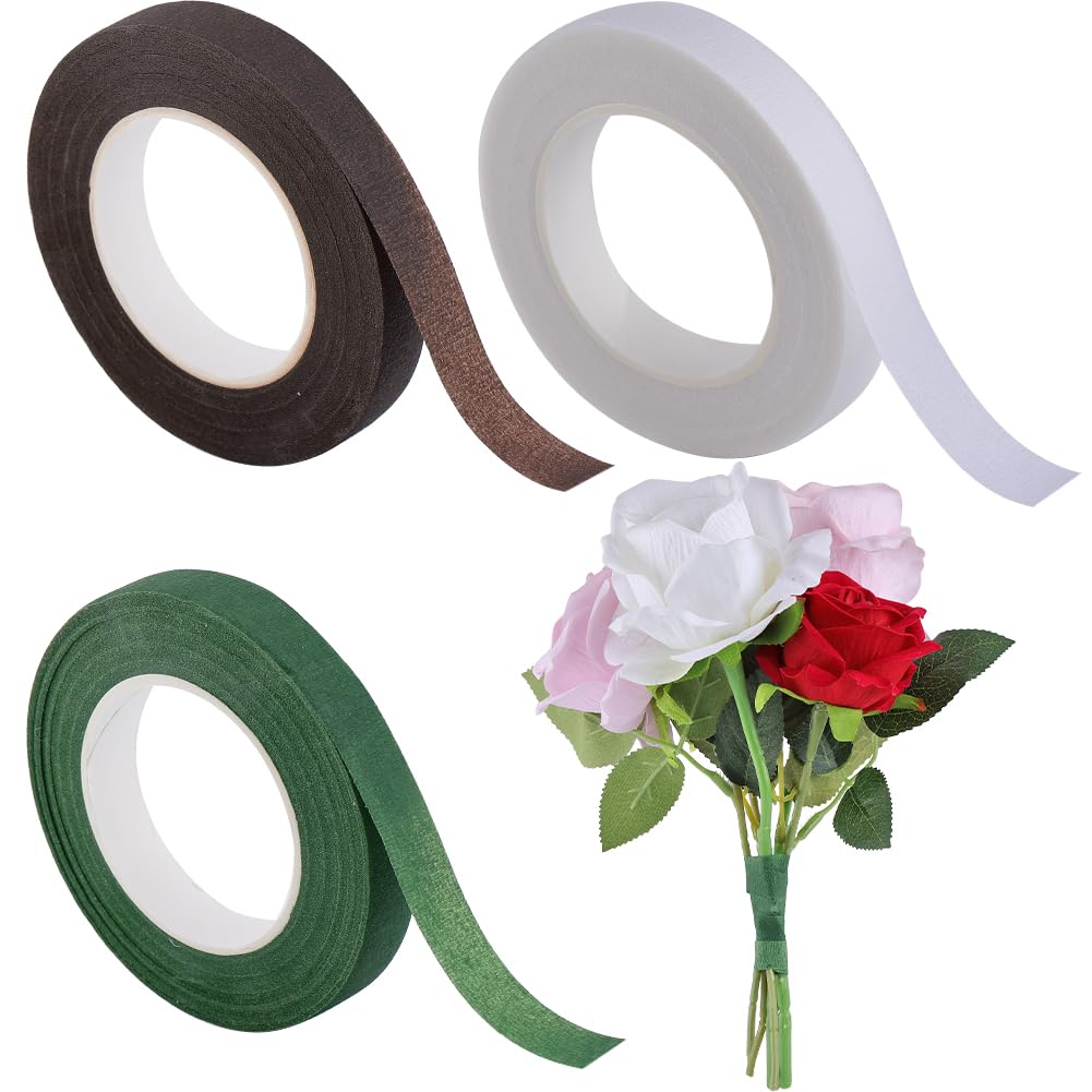 GORGECRAFT 3 Rolls 27m x12mm Floral Paper Tape Flower Tapes Crepe Arranging Craft for Wedding Bouquet Stem Wrapping Packaging Florist Projects Decorations Dark Green White Brown