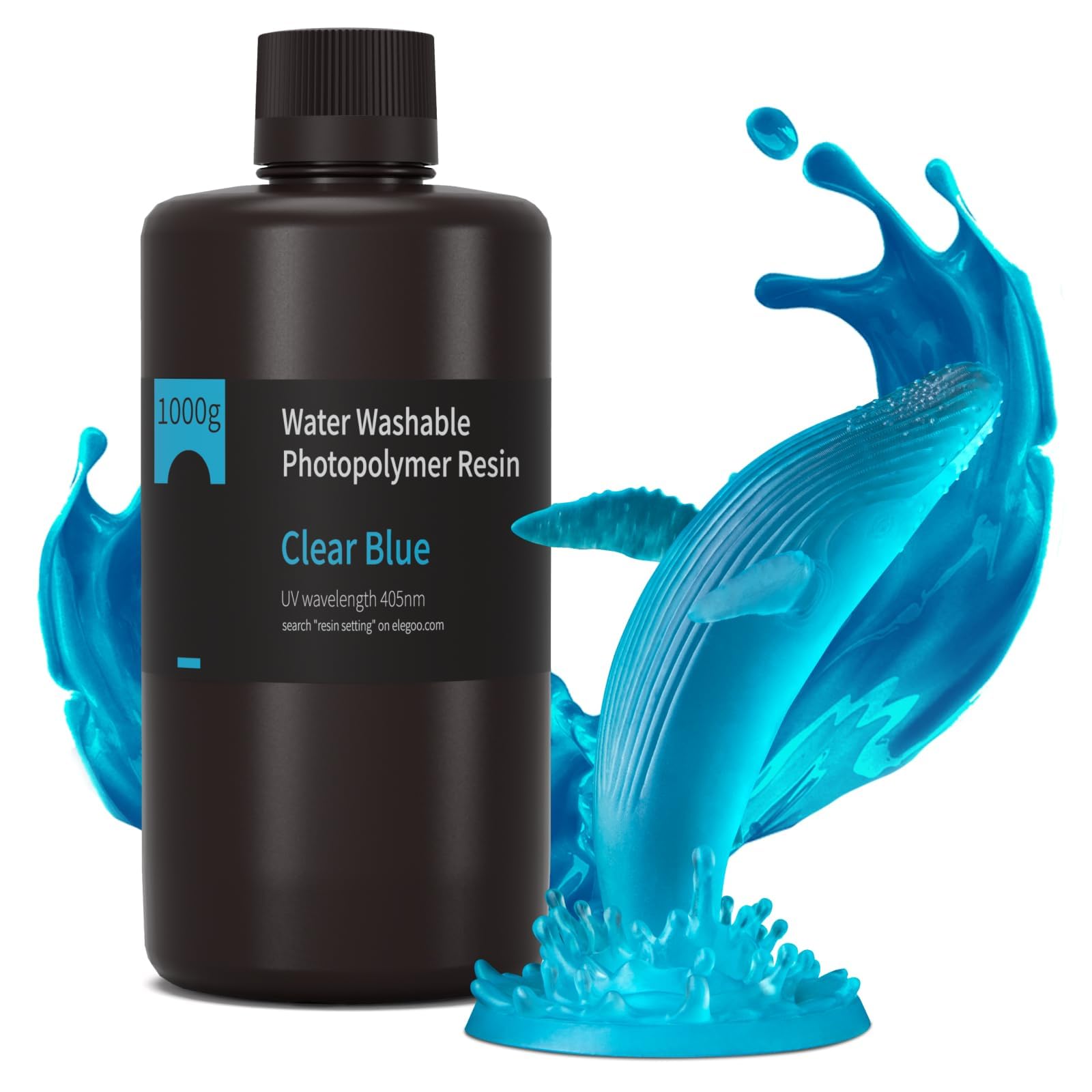 ELEGOO Water Washable 3D Printer Resin, Clear Blue 1000g, Fast Curing, Easy Cleanup with Water, Smooth Finish & High Precision 405nm UV Resin for LCD/MSLA 3D Printing