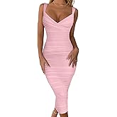 BEAGIMEG Women's Sexy Bodycon Sleeveless Ruched Mesh Club Party Midi Dress