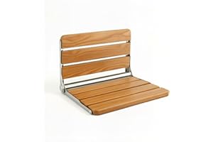 Flngr Folding Teak Shower Seat, Wall Mounted, Fold Down, Foldable, Golden, Rectangular, Home Care, Inside Shower, 400 lbs Cap