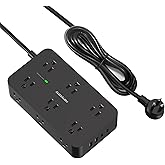 Black Extension Cord 15 Ft, HANYCONY Power Bar with 1080J Surge Protection, 12 Outlets with 4 USB Ports(2 USB C), Wall Mount,