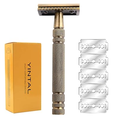 Double Edge Safety Razor Long Handle - Brass Bronze Blade Replaceable Razors,For Men Shaving Classic Razor,Reusable Metal Manual Shavers Close Comb