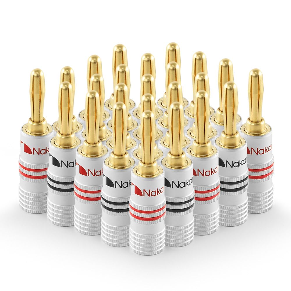 Nakamichi Excel Series 24k Gold Plated Banana Plugs 12 AWG - 18 AWG Gauge Size 4mm for Speakers Amplifier Hi-Fi AV Receiver Stereo Home Theatre Audio Wire Cable Screws Connector 24 Pcs (12-Pairs)