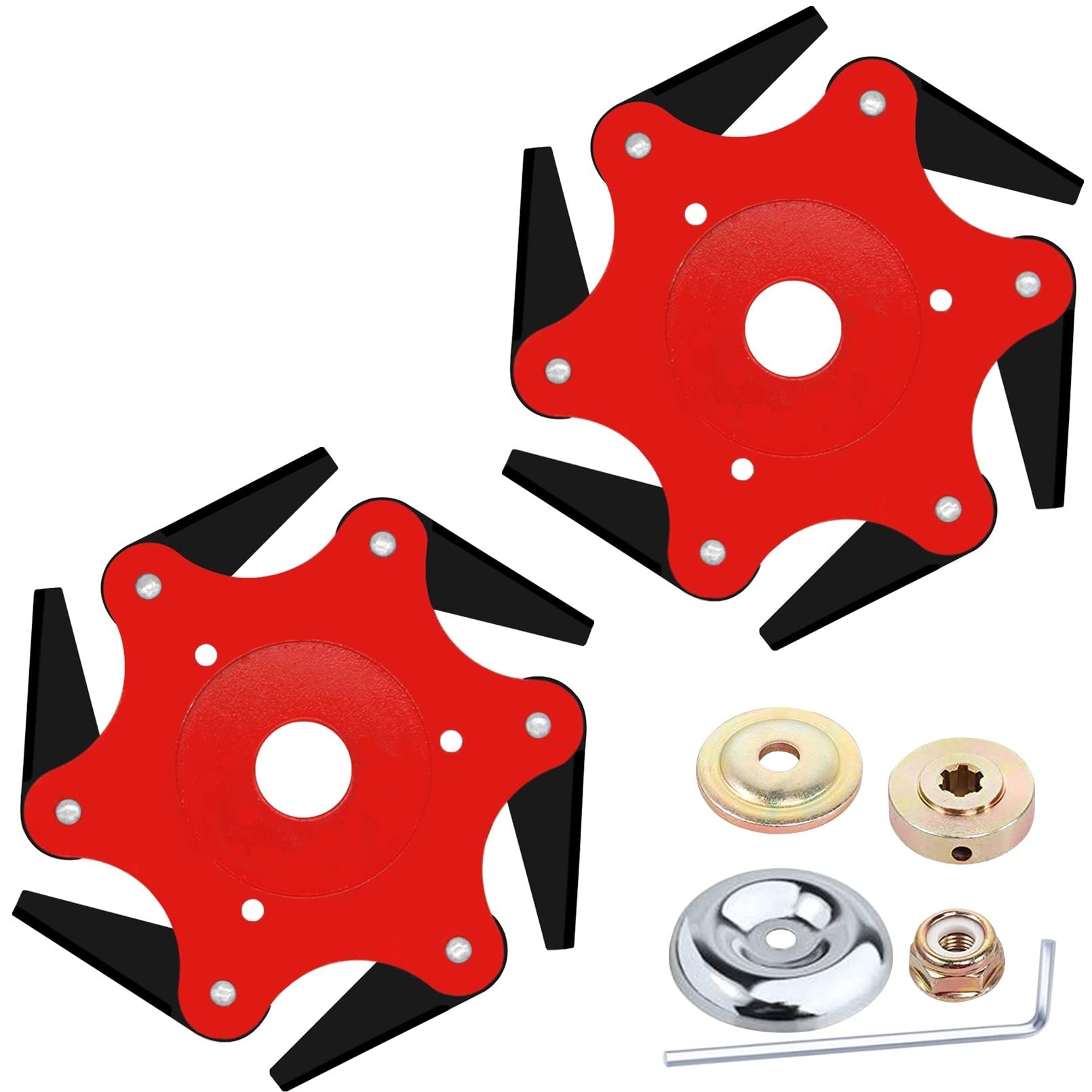 Photo 1 of Cokacot 2PCS 6 Steel Razors Trimmer Head Reversible Weed Eater Blades Metal Mn65 Brush Cutter Blades Professional Grass Trimmer Head Replacement with 1 Pack 6 Teeth Adapter Kit for String Trimmers