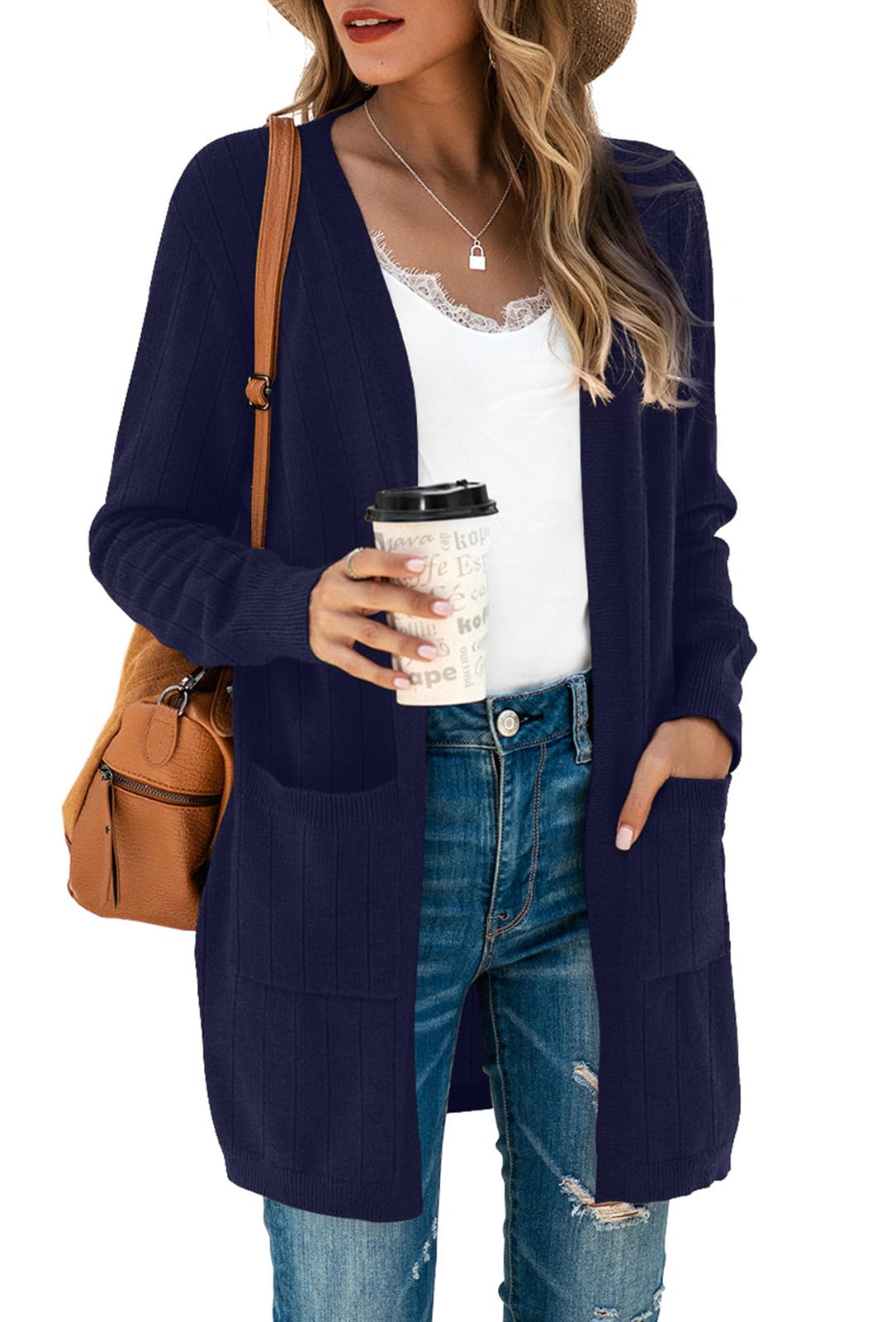 TASAMO Womens Color Block Striped Draped Kimono Cardigan Long Sleeve Open Front Casual Knit Sweaters Coat Soft Outwear (Large,Thread Knitted- Navy Blue) Image