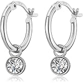 Dangle Hoop Earrings for Women, 925 Sterling Silver Hoop Earrings with Charms Tiny Baguette Round Teardrop Trio Cubic Zirconia Pearl Drop Dangling Cartilage Helix Tragus Diamond Jewelry Gifts