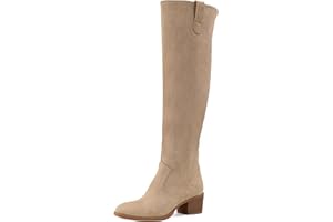 Shoe'N Tale Women's Over The Knee Thigh High Chunky Heel Pointed Toe Faux Suede Side Zipper Fall Weather Winter Boots