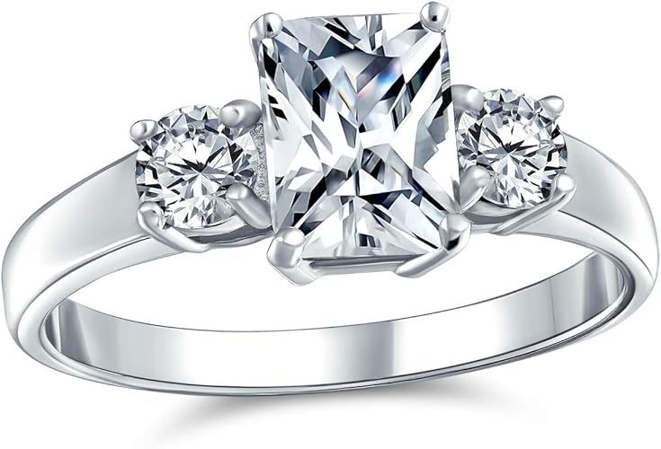 Amazon ブリングジュエリー スターリングシルバー1 5ctエメラルドカットcz三石婚約指輪 サイズ 9号 リング 通販