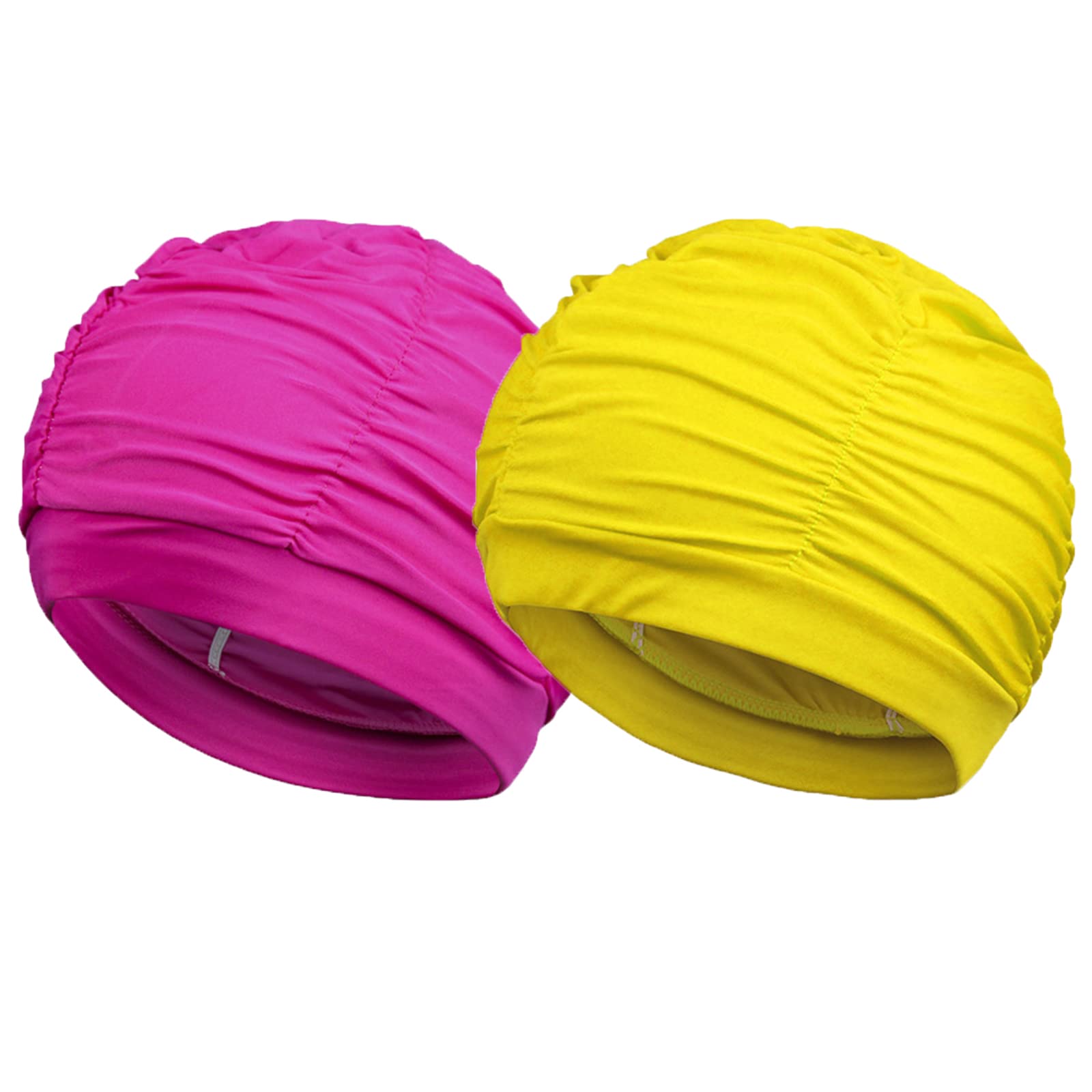 Golden Apple 2Pack Nylon Soild Color Ladies Swimming Hat Pleated Style Swim Cap Long Hair Swimming Cap for Men Women (Yellow+Rosered)