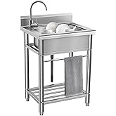 Utility Sink, Stainless Steel Free Standing Outdoor Sink with Cold and Hot Water Pipe, Commercial Kitchen Sink Set with Towel