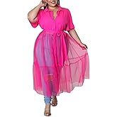 Sunlips Women's Sexy Plus Size Lapel Shirt Dresses Mesh See Through Puff Short Sleeve Flowy Swing Dress Clubwear