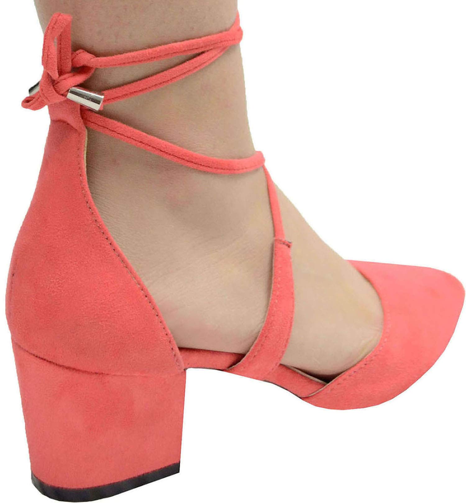 Chase & Chloe Women's Closed Pointed Toe Crisscross Lace-Up Ankle Tie Chunky Block Mid Heel Pump (5.5 B(M) US, Coral… - Image 4
