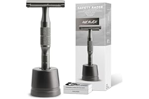 BULIMICA Double Edge Safety Razor With Stand, Single Blade Razors for Men and Women, Reusable Metal Razors, with 10 Platinum Coated Safety Razor Blades, Face Razors for Men Shaving, Sustainable, Gun Black