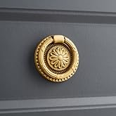 DAPANIY Brass Cabinet Rings Gold Knobs, Drawer Knobs Round European Handles Antique Gold Pull for Dresser, Home Kitchen, 2 Pack