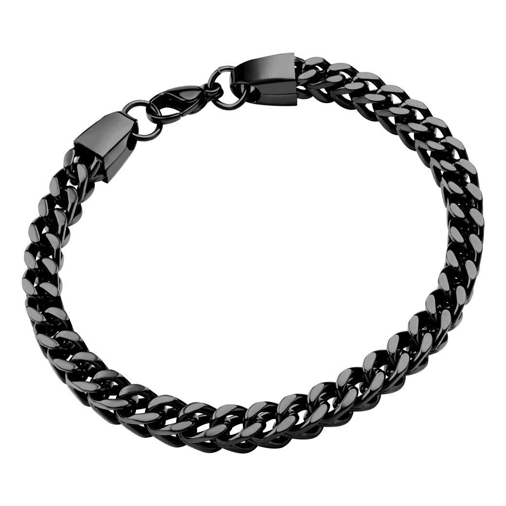 555Jewelry 6mm Stainless Steel Square Franco Link Chain Bracelet for Men, Stainless Steel Bracelet for Men, Square Chain steel Bracelet for Men, Black, 7.5 inch
