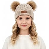 Quilax Kids Winter Knitted Beanie Hat with Double Pom Pom, Cute Beanie Warm Winters Hats for Girls, Gray Soft Faux Fur Winter Hat for Boys Girls