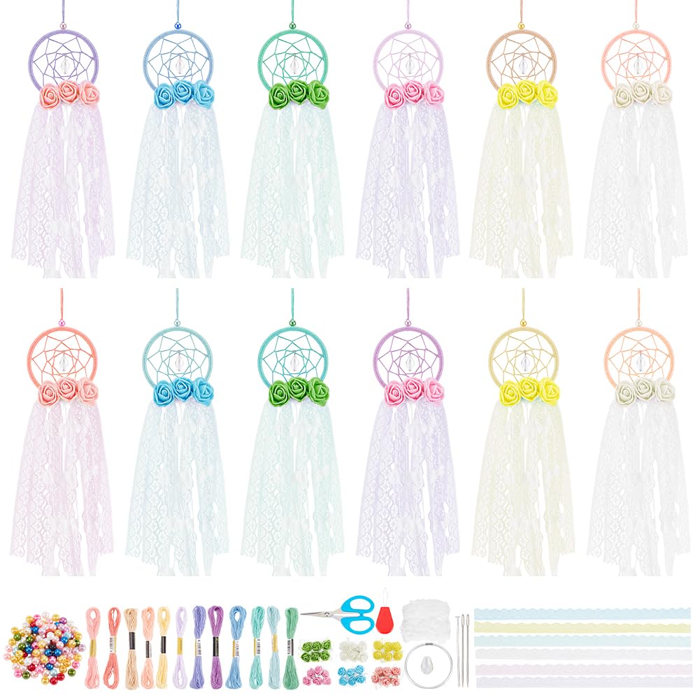 INFUNLY 12 Set Rose Small Dream Catchers Bulk Halloween DIY Mini Dream Catcher Kit Make Your Own Dream Catcher Kit for Adults Keychain Kit with Instruction for Bag Pendant Car Mirror Decor Charm — image 1