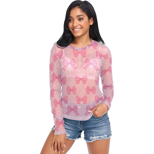 Women's Long Sleeve Mesh Top Red Cherry White Bow Checkered