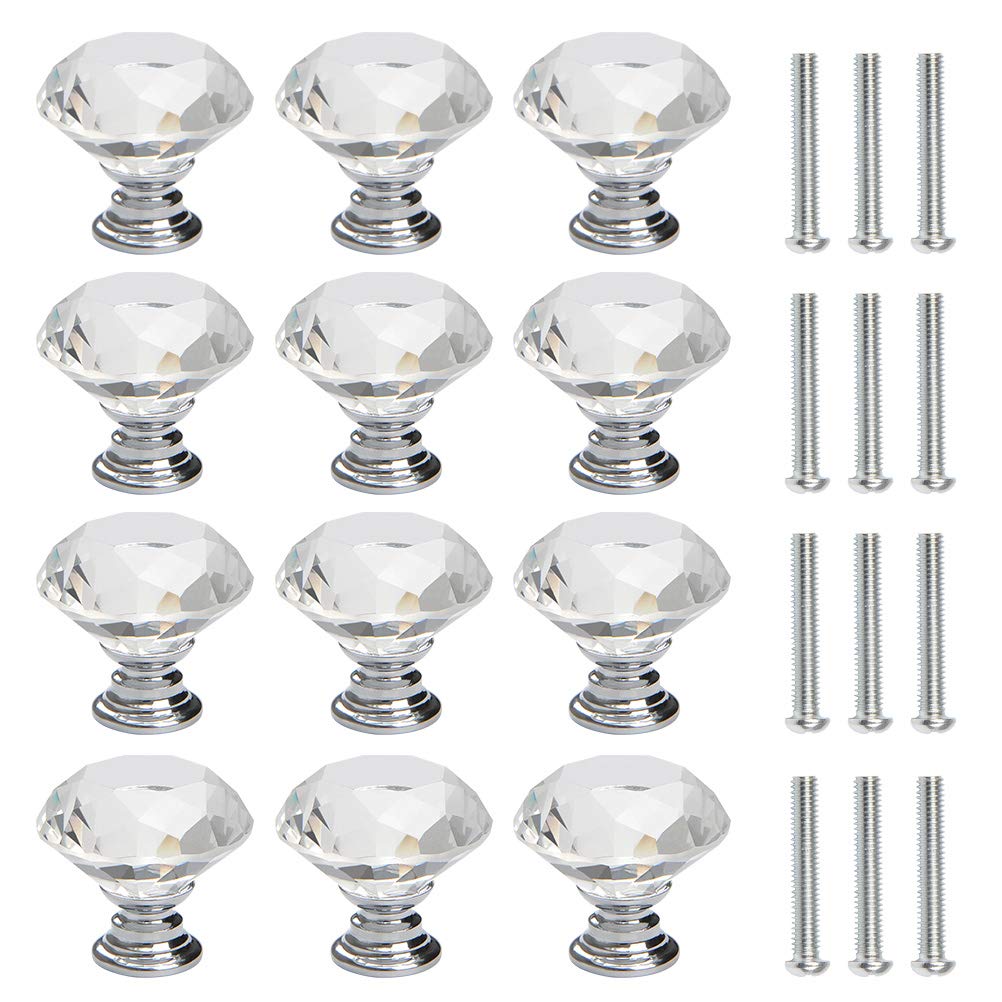 FOCCTS 12 PCS 30mm Crystal Door Knobs Glass Drawer Knobs Decorative Crystal Door Handles Diamond Pulls with Screws for Home Office Chest Cabinet Drawers