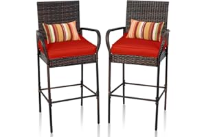 Sundale Outdoor Wicker Bar Stool Set of 2, Patio Counter Height Pub Chair with Arms, High Top Rattan Barstool, Cushion Red, All-Weather Outdoor Rattan Furniture - Steel, Brown
