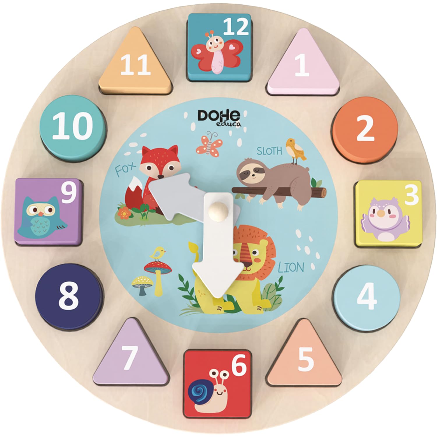 DOHE Educa – Shape Sorting Clock – 12 Geometric Wooden Lockable Blocks, Movable Needles, Educational Game Children and Babies, Montessori Method, School and Educational Supplies