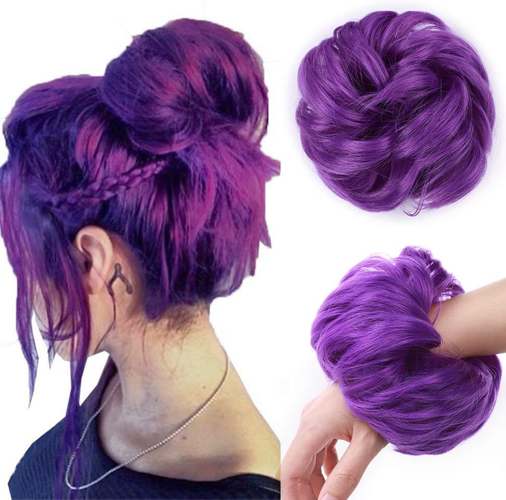 Messy Hair Bun Hair-Scrunchies Extension Curly Wavy Thick Synthetic Chignon for women Updo Hairpiece Ponytail HairAccessories Purple
