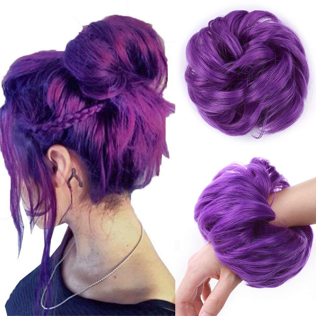 Messy Hair Bun Hair-Scrunchies Extension Curly Wavy Thick Synthetic Chignon for women Updo Hairpiece Ponytail HairAccessories Purple