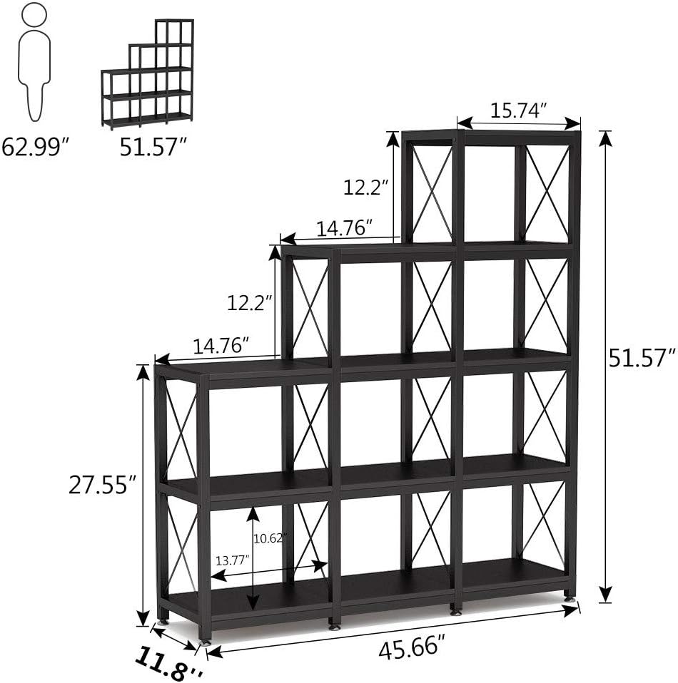 Tribesigns 12 Shelves Bookshelf, Industrial Ladder Corner Bookshelf 9 Cubes Stepped Etagere Bookcase, Rustic 5-Tier Display Shelf Storage Organizer for Home Office (Black): Kitchen & Dining