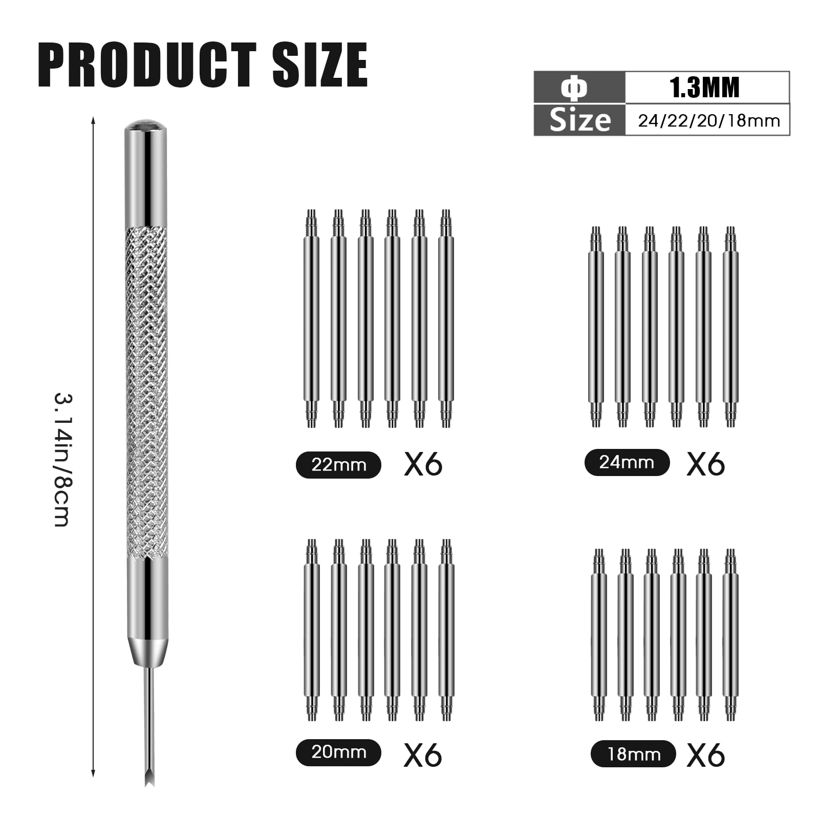 KALIONE 25 Packs Watch Band Pins Replacement Kit, 1.3mm Diameter Heavy Duty Watch Pin with Spring Bar Removal Tool, 4 Sizes 18/20/22/24mm Stainless Steel Watches Bands Pins Kit for Watches Band Repair