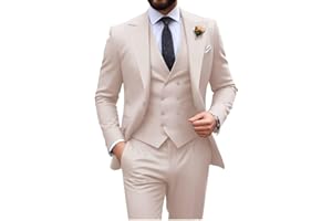 HUEZOE Mens Suit Slim Fit 3 Piece Double Breasted Suit Men Formal Tuxedo Set Casual Wedding Prom Groom Suits