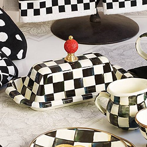 MacKenzieChilds Butter Dish with Lid Stainless Steel Enamel Courtly Checks Container Black