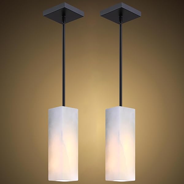 DORAIMY LIGHTING NATURAL ALABASTER SQUARE MARBLE HANGING KITCHEN ISLAND MODERN INDUSTRIAL FARMHOUSE PENDANT CEILING LIGHT FIXTURES,2 PACK BLACK FINISH OVER SINK RESTAURANT BAR CORRIDOR
