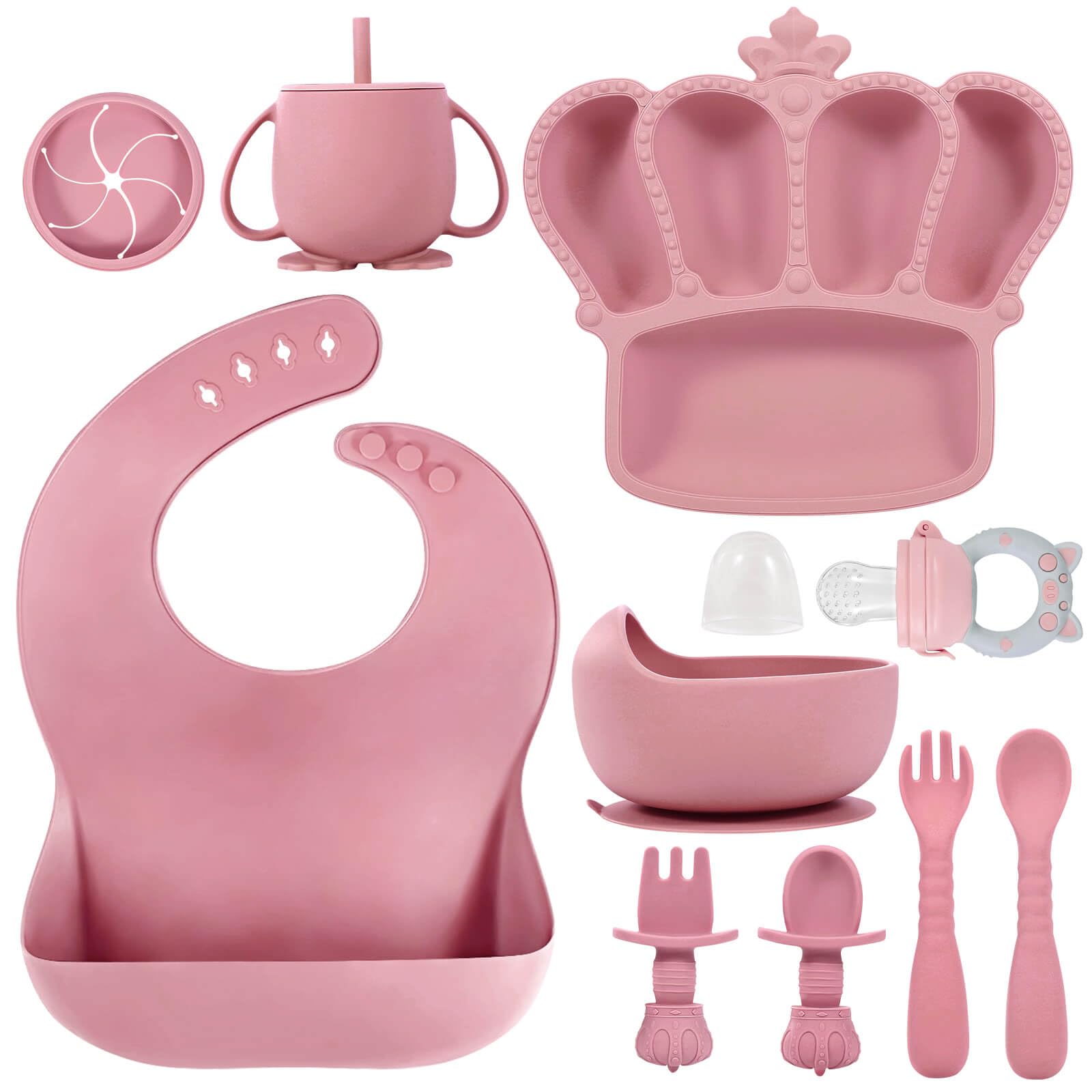 Photo 1 of Silicone Baby Feeding Set 10 Pcs Baby Led Weaning Supplies Suction Bowl Divided Plate Baby Bibs Fruit feeder Pacifier Baby Spoons Forks Sippy Cup Utensil Sets Baby Essentials for Newborn ?Deep Pink?