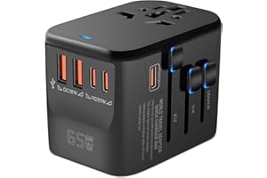 MINGTONG Universal Travel Adapter, GaN 65W International Plug Adapter, 3 PD USB-C & 2 QC USB-A Fast Charging Ports, Worldwide Power Adaptor Wall Charger for EU US UK AUS 200+ Countires