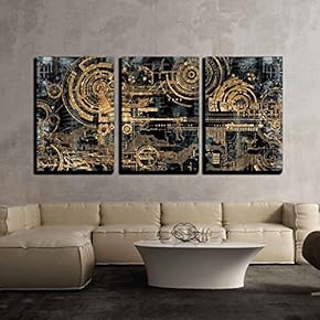 3 Piece Canvas Wall Art - a Technically Electronic Background with Device Objects - Modern Home Art Stretched and Framed Ready to Hang - 16"x24"x3 Panels