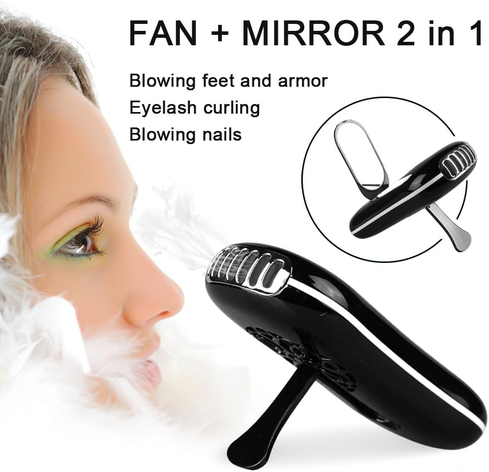 TOMNEW Eyelashes Dryer Fan Mini Portable USB Rechargeable Electric Bladeless Handheld Air Conditioning Nail Blower with Mirror for Grafted Eyelash Extension Glue Dryer (Black)