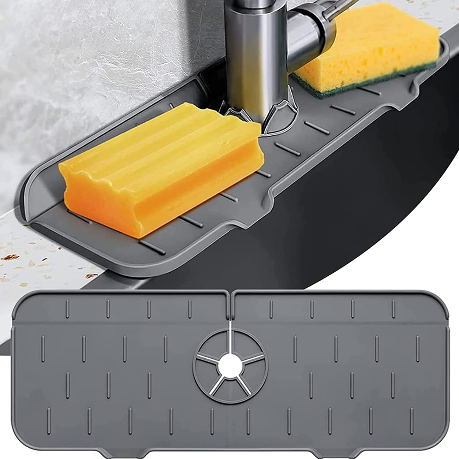 Kitchen Sink Splash Guard Faucet Mat Kitchenguard Silicone Handle Drip Catcher Tray Bathroom Sink Drain Mat Water Catcher Mat Faucet Absorbent Mat Sink Draining Pad Behind Faucet Splash Guards (Grey)