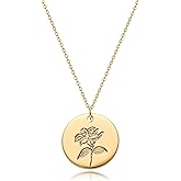 MYEARS Women Birth Flower Necklace Gold Coin Engraved Disc 12 Month Flower Bouquet Pendant 14K Gold Plated Dainty Chain Personalized Floral Jewelry Birthday Gift