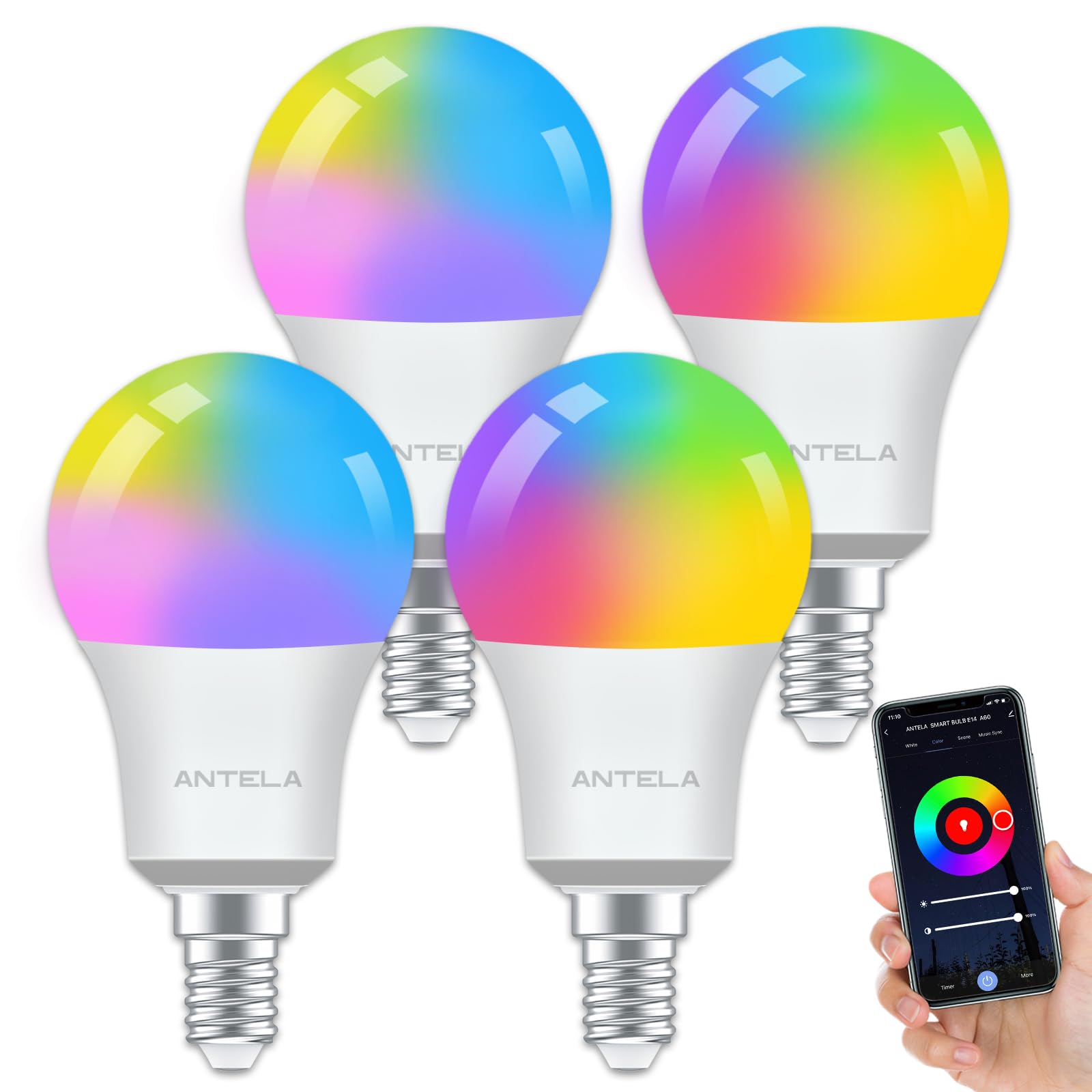 ANTELA Smart Bulb E14 Alexa Light Bulb A60 7W 806LM LED RGB Dimmable Bulb, 2700K-6500K Warm and Cool White, Smart Life App Control, Compatible with Google Home, 4PCS