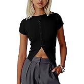 Skoinvb Womens Short Sleeve Sweater Tops Crew Neck Button Casual Summer Sweaters Ribbed Knit Cropped Cardigans