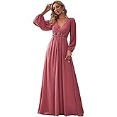 Ever-Pretty Women's V Neck Long Sleeves Floor Length Ruched Chiffon A-Line Formal Evening Dress Mother of Bride Dresses 00461