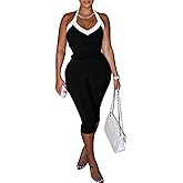 Famnbro Womens Summer Two Piece Sets Y2K Ribbed Knit Halter V Neck Top and Legging Capri Pants Sexy Club Outfits