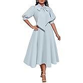 IWFEV Bowknot Puff Sleeve Women's A-line Dress High Waist Midi Dress Plain Dress