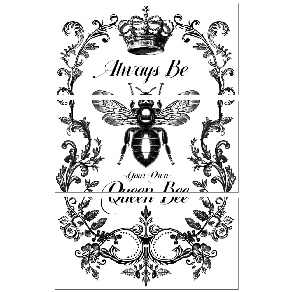 Peacoblue Rub on Transfer Decals for Furniture Crafts Decor Vintage Black and White Queen Bee 6"x12", 3Pcs Waterproof UV DTF Transfer Sticker for Lingerie Chests Drawer Dresser Glass Wood Plastic