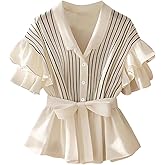 Floerns Women's Ruffle Sleeve Button Down Blouse Striped Belted Dressy Peplum Shirts