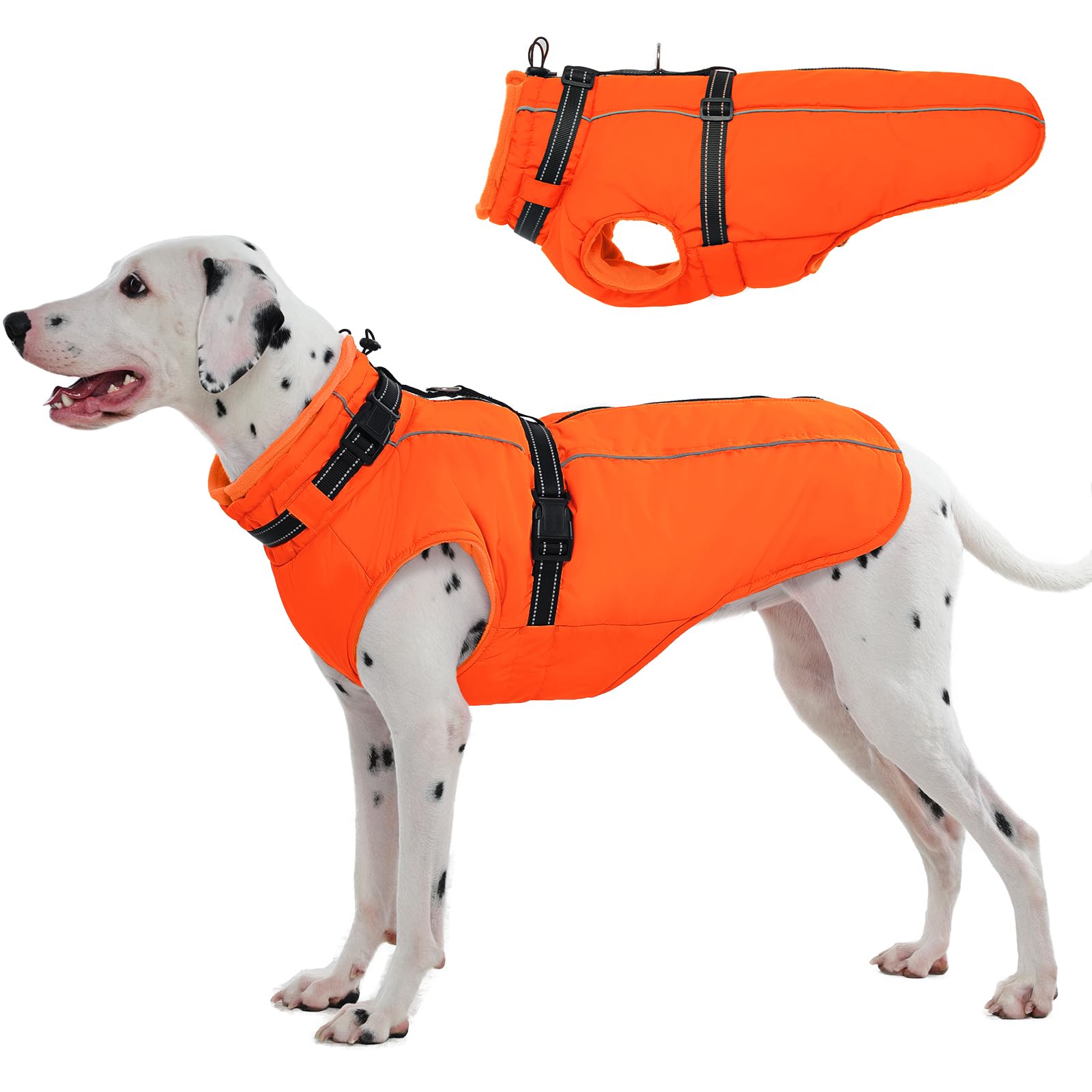 Lelepet Large Dog Coat With Harness - Warm Waterproof Fleece Jacket, Winter Reflective Vest Snow Suit for French Bulldog, Orange L